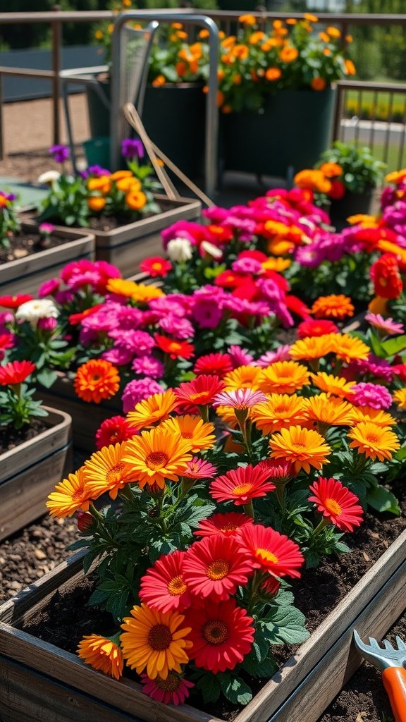 Vibrant flower garden in raised beds with various colorful blooms