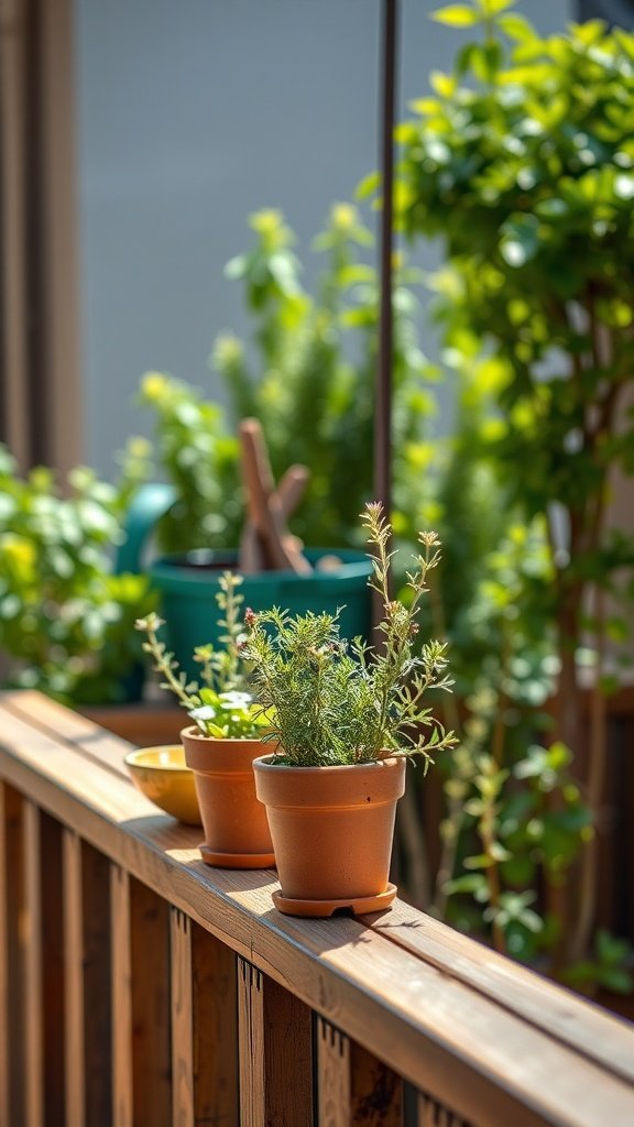 Small pots with fresh herbs like thyme and oregano arranged on a wooden railing, surrounded by greenery.