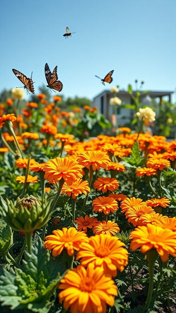 Field of marigolds with butterflies flying around