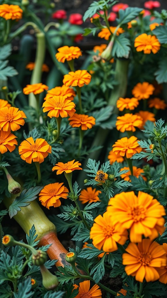 A vibrant garden filled with orange marigold flowers surrounded by green foliage.