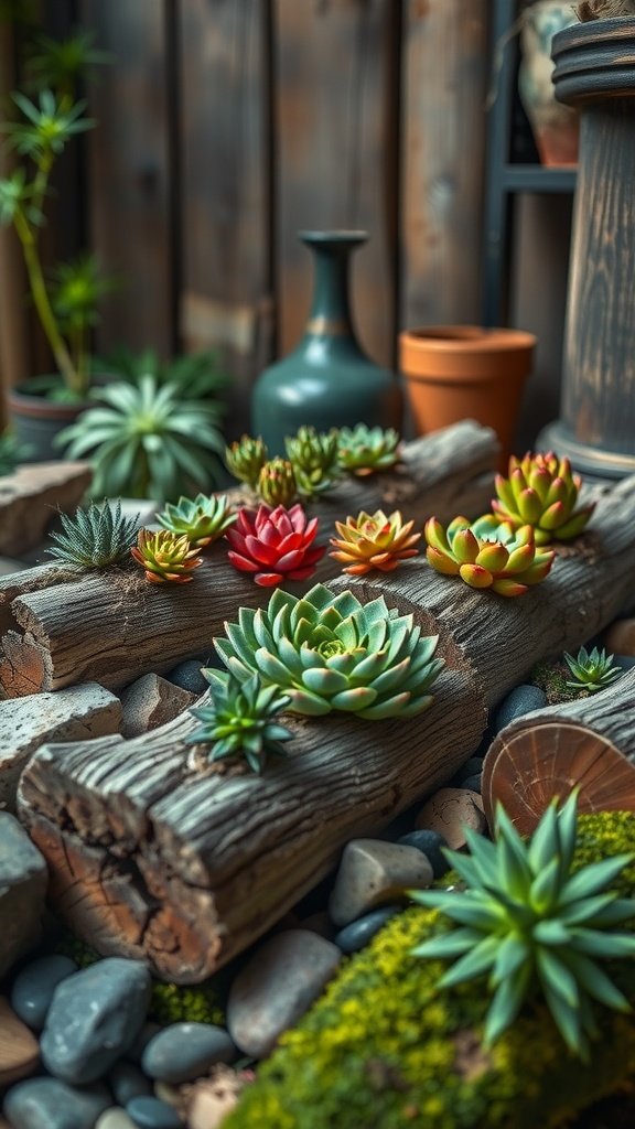 A collection of succulents planted in hollowed-out logs, showcasing vibrant colors with a rustic feel.