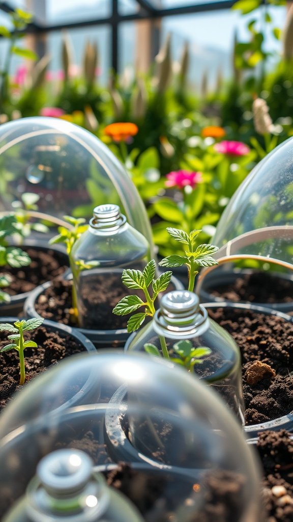 Young plants protected by plastic bottle cloches in a garden setting