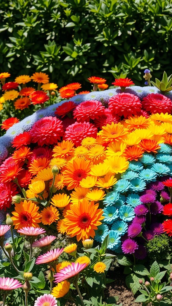 A vibrant rainbow-themed flower garden with a gradient of colorful flowers.