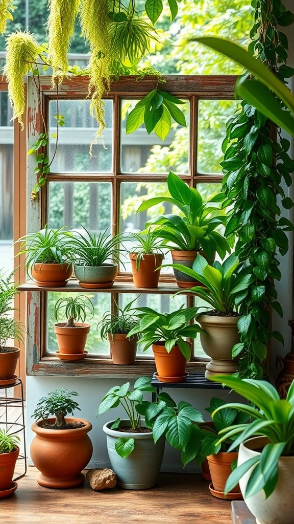 A reclaimed window frame repurposed as a plant stand, showcasing various potted plants.