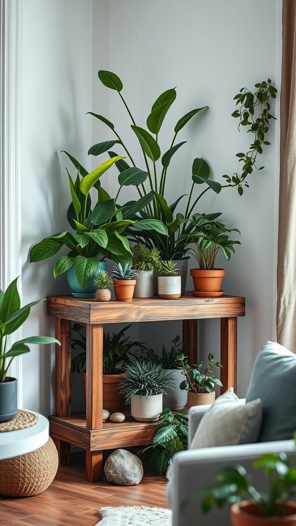 A corner plant stand made of reclaimed wood showcasing various pots filled with plants in a cozy room.