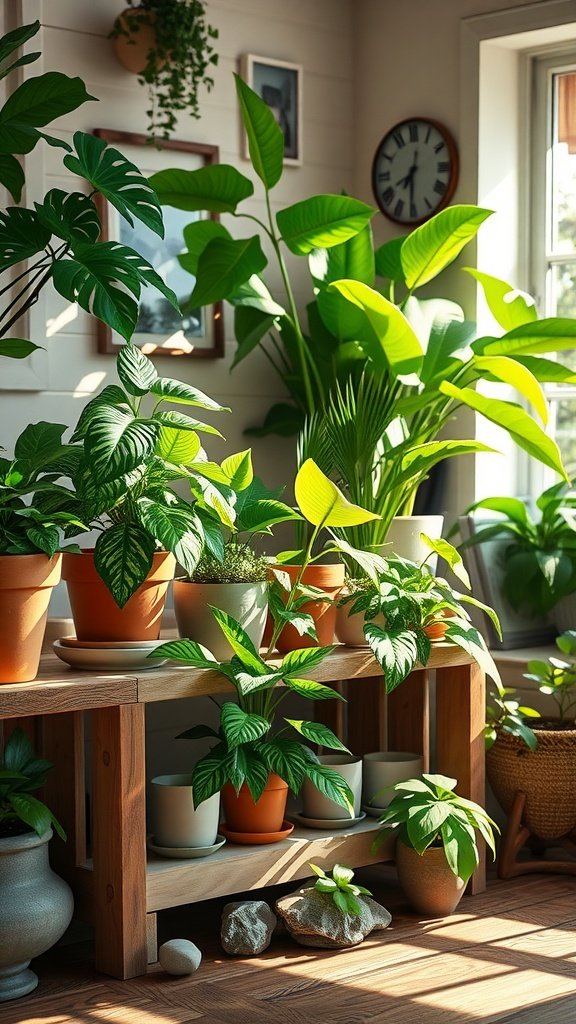 A wooden plant stand displaying various potted plants in a bright room with natural light.