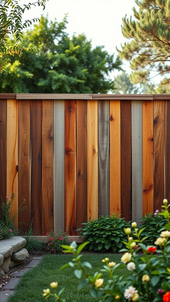 A rustic reclaimed wood privacy fence with vertical planks in warm tones amidst a well-kept garden.