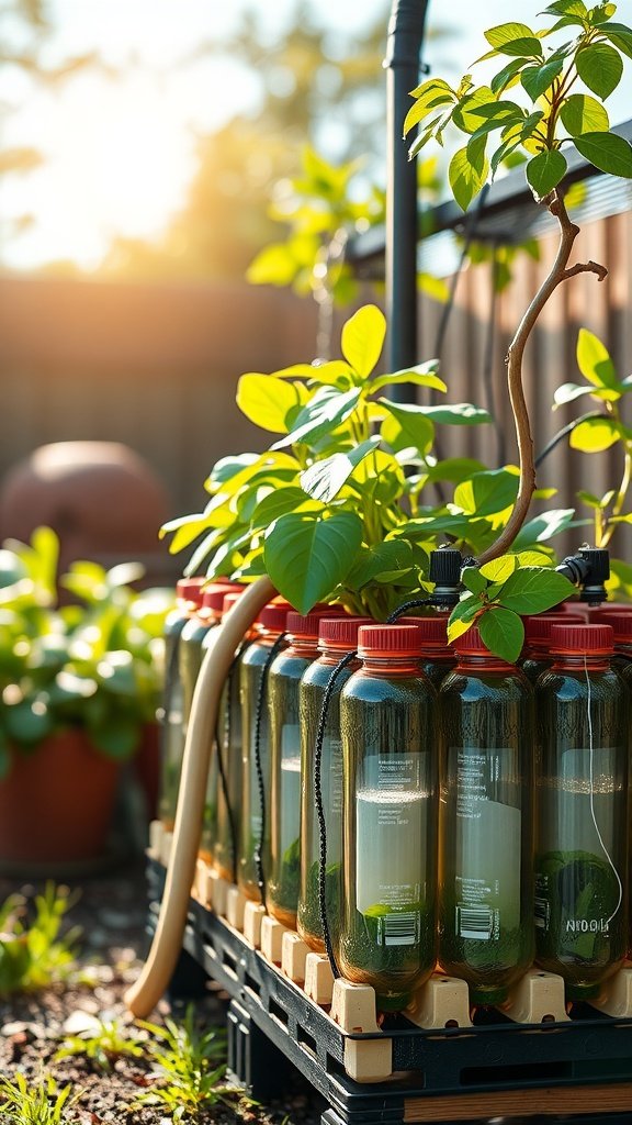 Hydroponic setup using recycled plastic bottles with plants growing in sunlight.