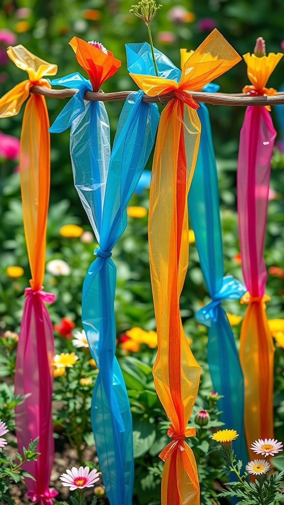 Colorful plastic bag ties used as plant supports in a garden