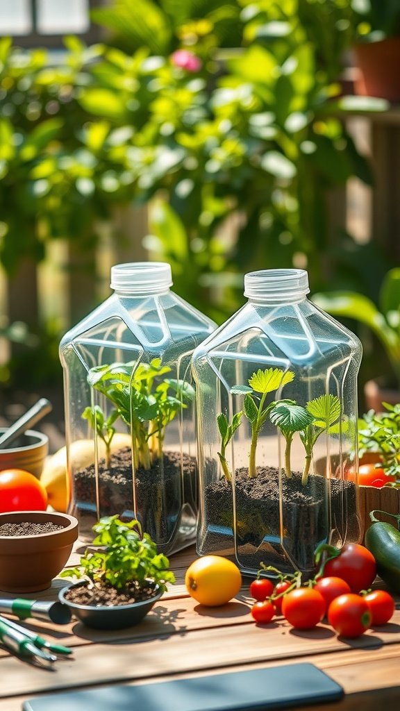 Plastic bottles used as mini greenhouses for seedlings, surrounded by various gardening tools and fresh vegetables.