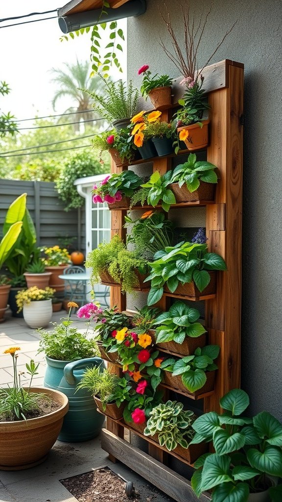 Vertical garden made from recycled wooden pallets, featuring various colorful potted plants.