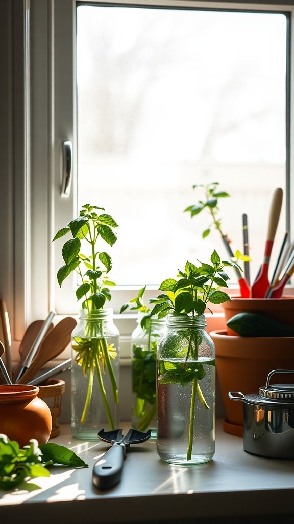 Glass jars with water and herb cuttings like basil and mint on a windowsill