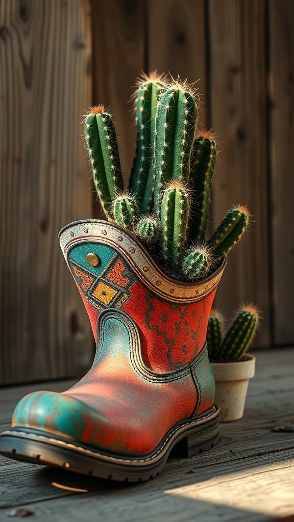 An old boot repurposed as a quirky cactus planter, showcasing vibrant cacti.