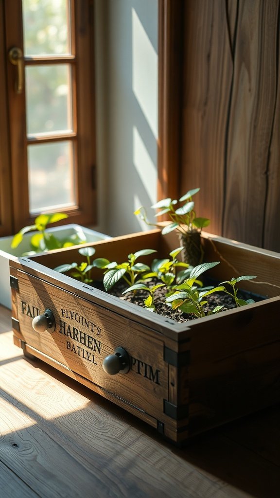 An old wooden drawer repurposed as a hydroponic grow bed with small plants growing inside, positioned near a window.