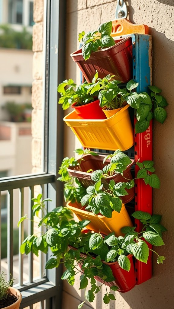 A colorful shoe organizer filled with green herbs, mounted on a wall.