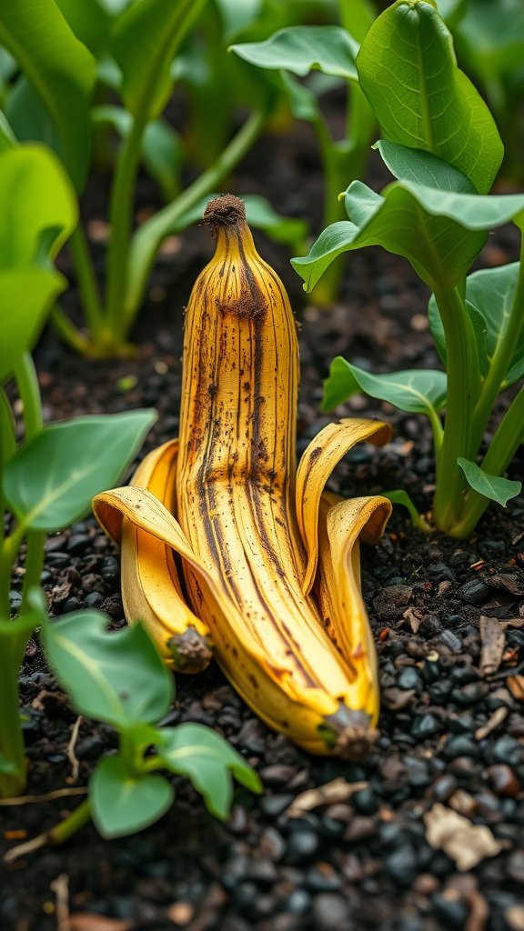 Banana peels among green plants in a garden