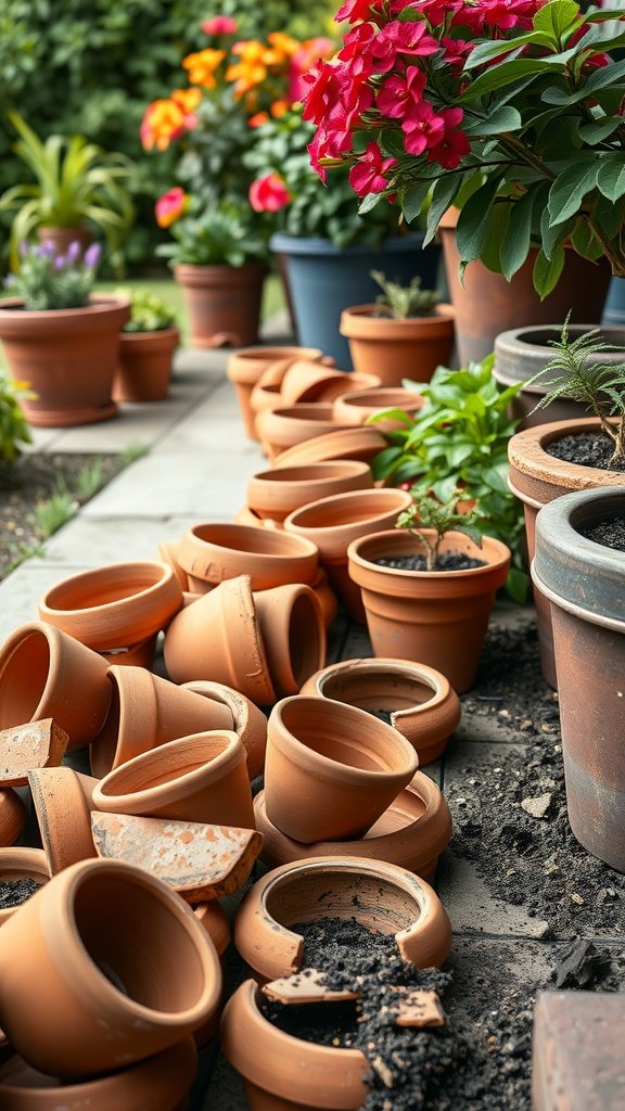 An assortment of broken and intact clay pots scattered in a garden with colorful flowers.