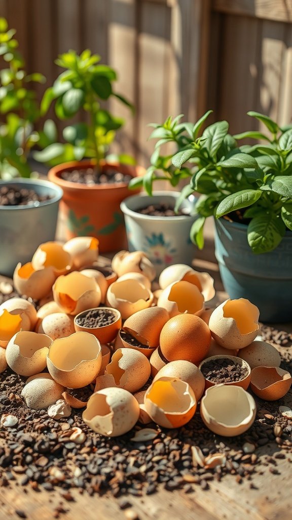 Eggshells scattered around potted plants, demonstrating repurposing kitchen scraps as plant fertilizers.