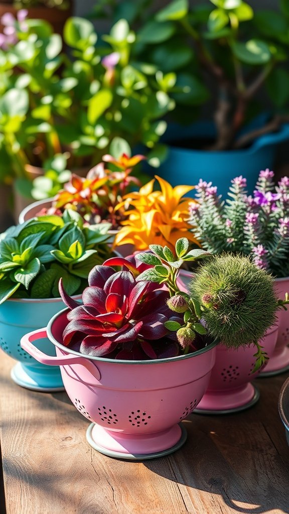 Colorful colanders repurposed as planters filled with various vibrant plants.