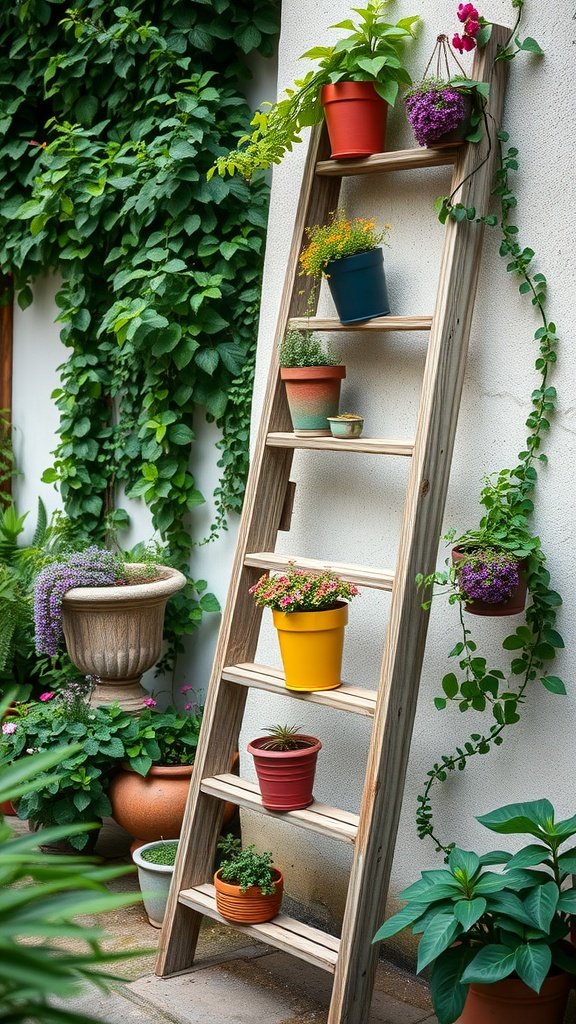 A rustic wooden ladder used as a plant stand, featuring colorful pots with flowers and greenery.