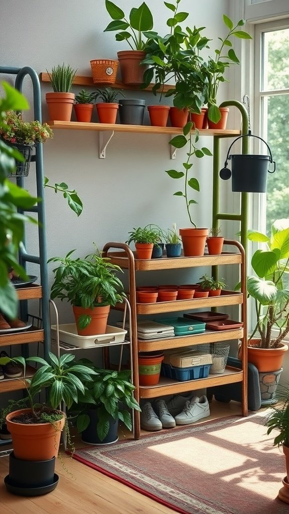 A well-organized indoor gardening setup with repurposed shoe racks holding various plant pots, trays, and gardening tools.