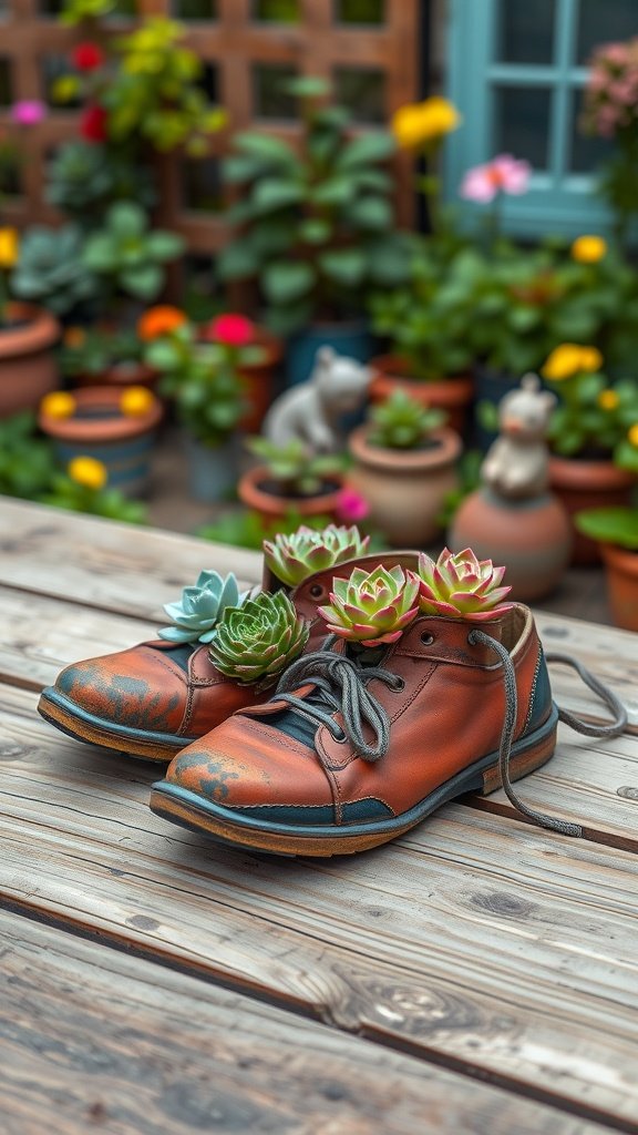 Old shoes repurposed as succulent pots with colorful plants inside