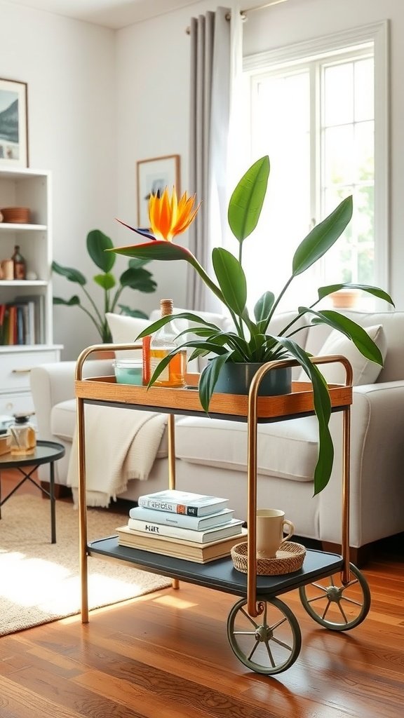 A repurposed bar cart with a Bird of Paradise plant on top, set in a cozy living room.