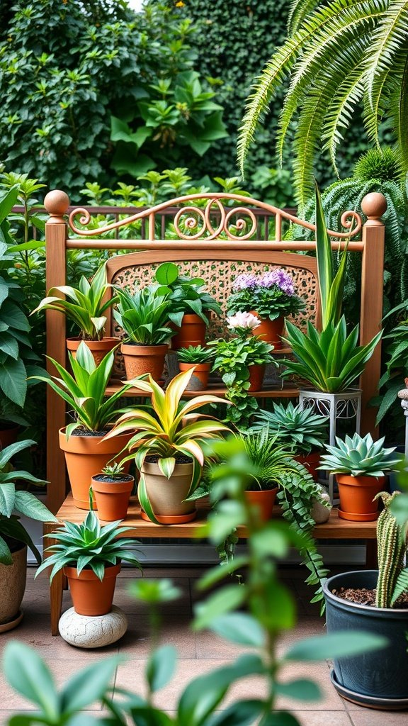 Repurposed bed frame used as a plant stand, showcasing various potted plants in a lush garden