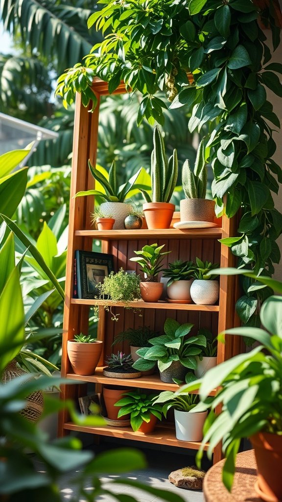 A repurposed wooden bookshelf filled with various potted plants in a lush green setting.