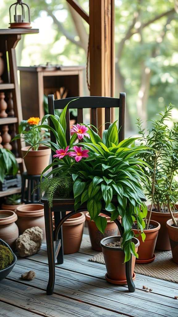 A repurposed chair displaying vibrant plants and flowers, showcasing creative outdoor plant stand design.