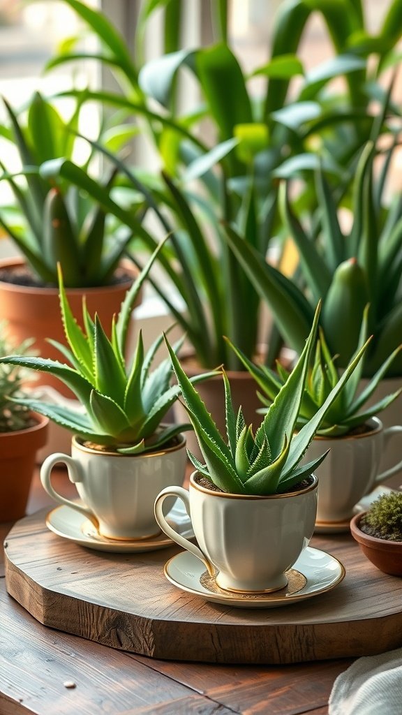 Vintage teacups with aloe vera plants displayed on a wooden surface