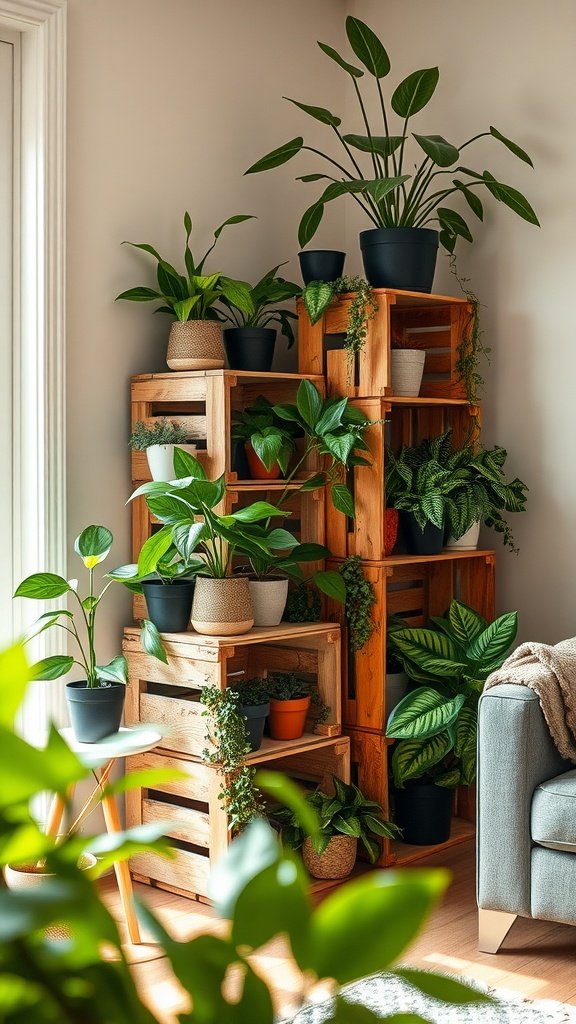 A cozy corner displaying a variety of plants in stacked wooden crates, creating a rustic plant stand.