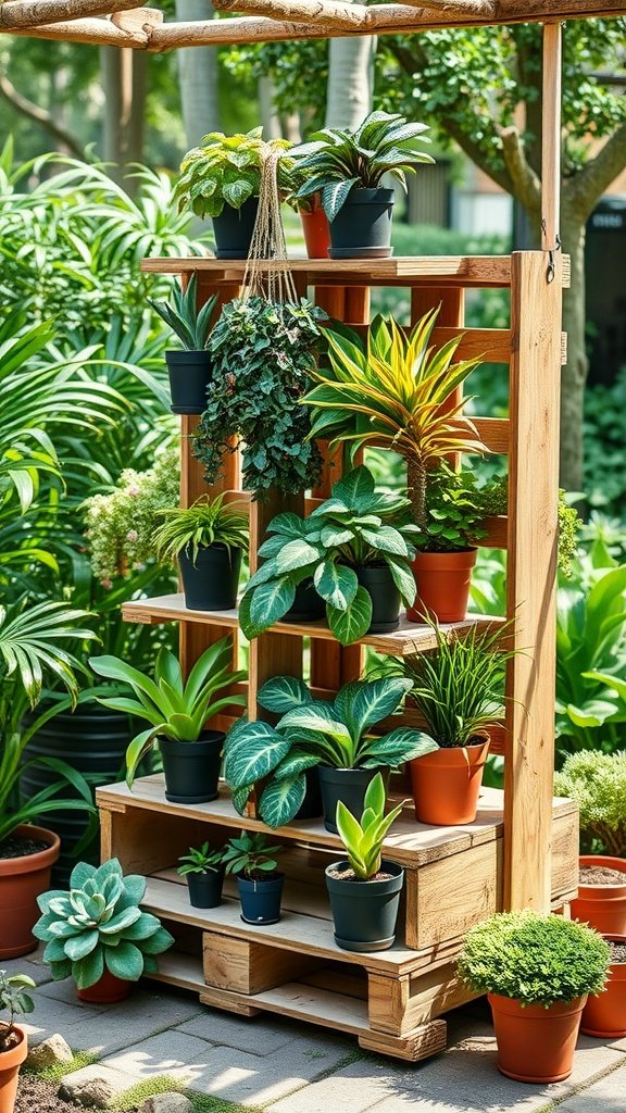 Wooden pallet plant stand displaying various potted plants in a lush garden setting.