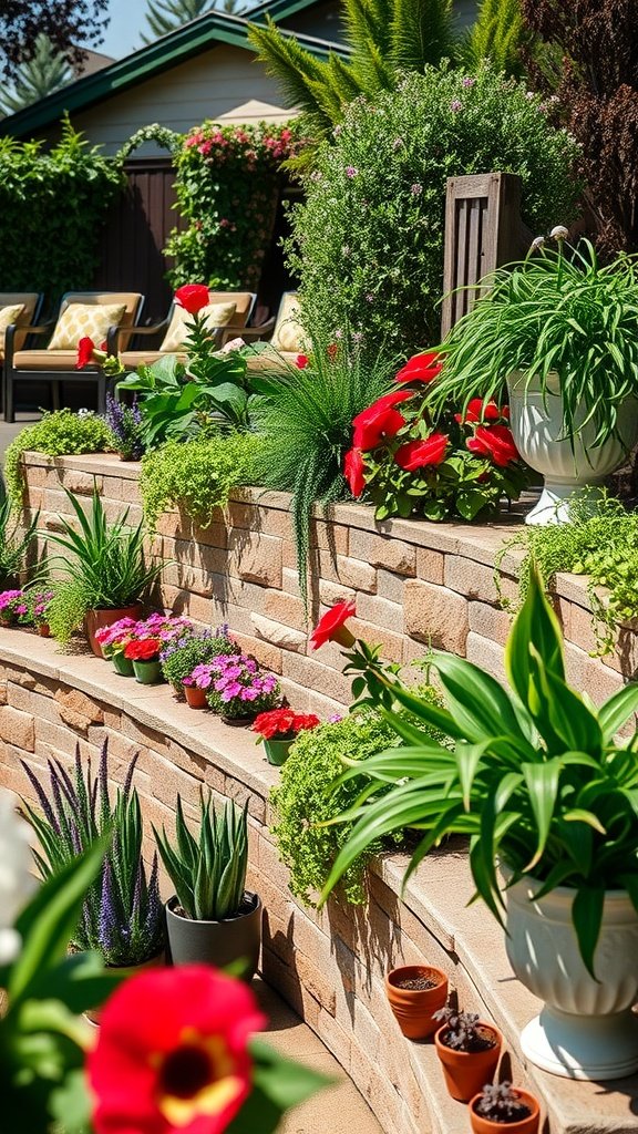 A beautiful tiered retaining wall with vibrant plants and flowers, showcasing a sloped garden.