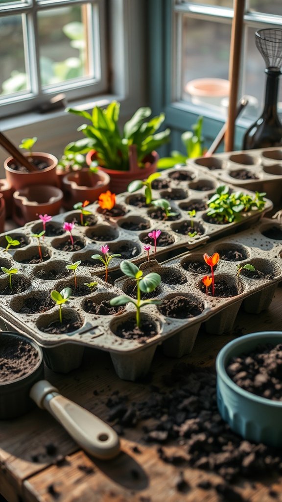 Seedlings growing in an egg carton on a wooden table beside pots and gardening tools.