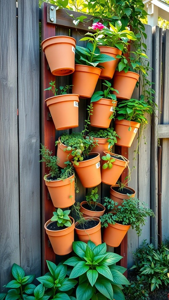 Vertical garden made with terracotta pots mounted on a wooden frame, filled with various plants.