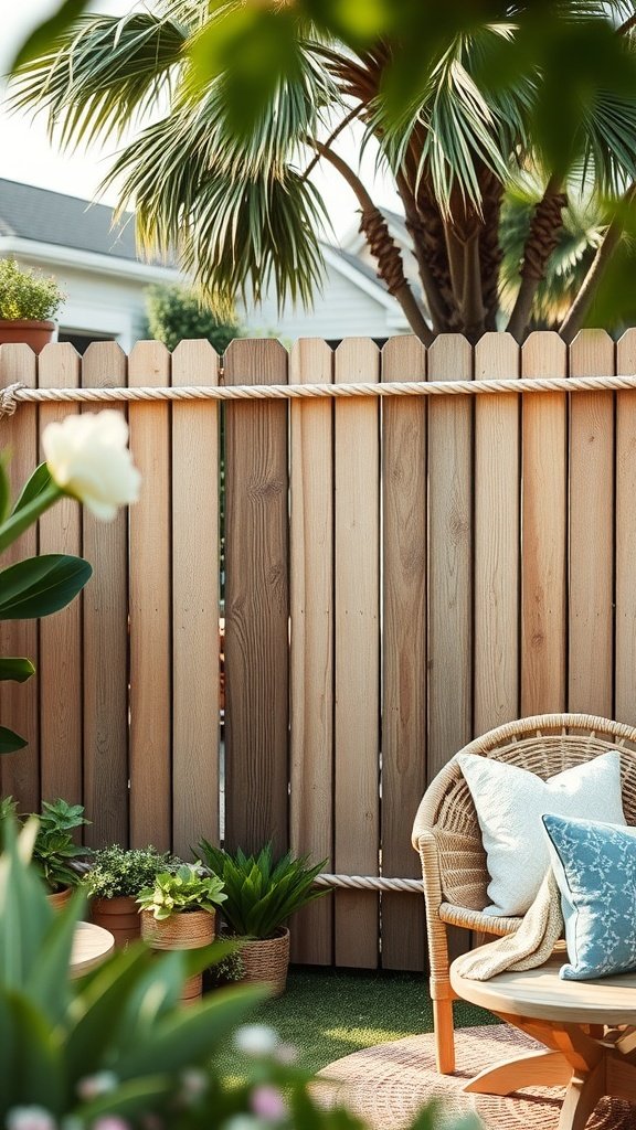 A wooden privacy fence with rope accents, surrounded by potted plants and outdoor seating.