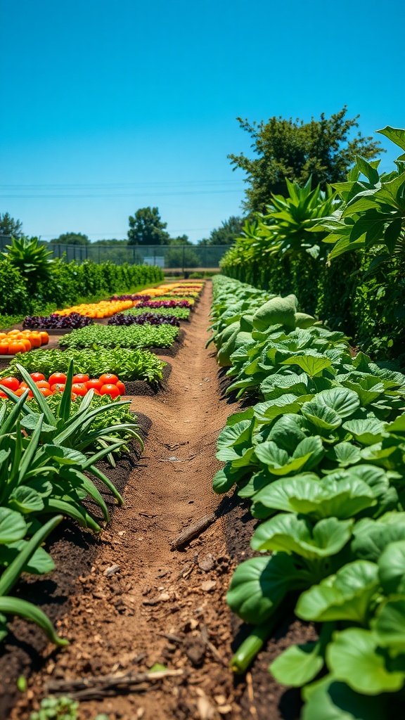 A colorful vegetable garden showcasing an array of vegetables in neat rows under a clear blue sky.