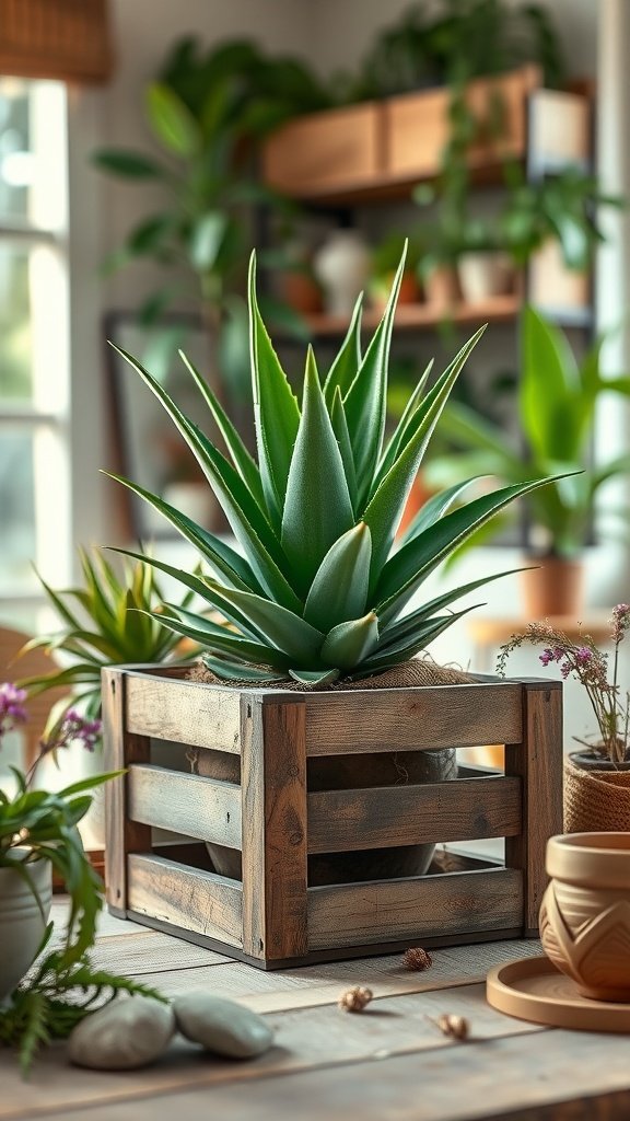 A rustic wooden crate with an Aloe Vera plant, showcasing a charming farmhouse style.