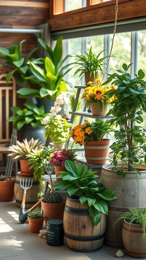 Rustic plant display using repurposed barrels with vibrant flowers and greenery.