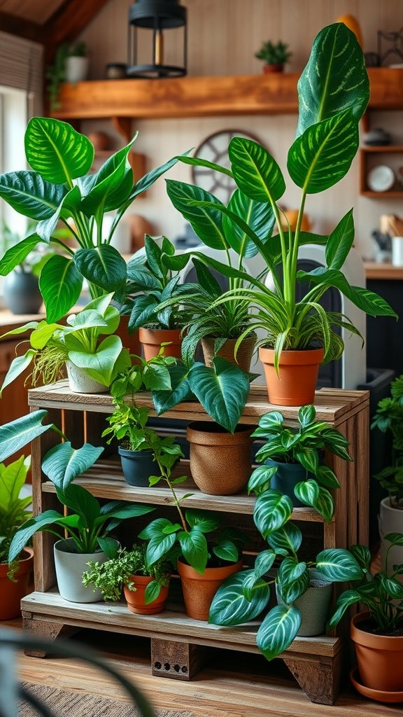 A rustic plant stand made of stacked wooden crates filled with various green plants.