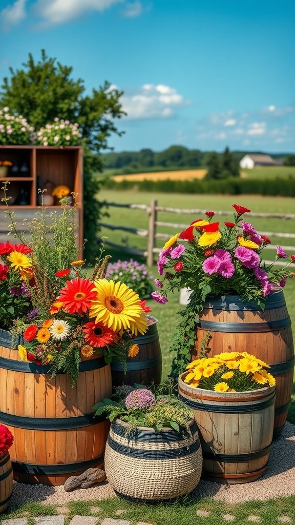 Colorful flower arrangement in wooden barrels in a rustic garden setting.