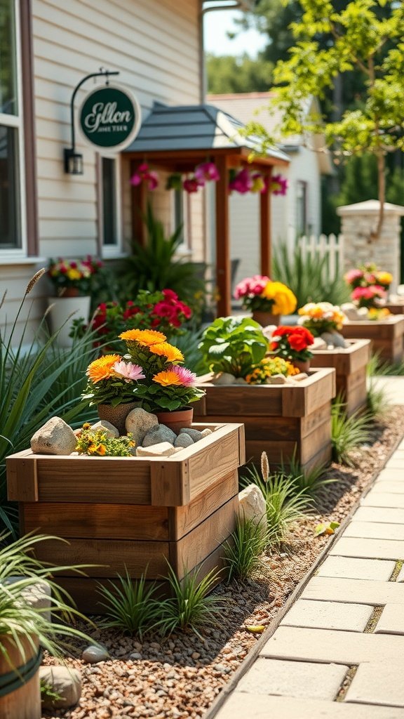 Rustic front yard landscape featuring wooden planters with colorful flowers, natural rocks, and wild grass borders.