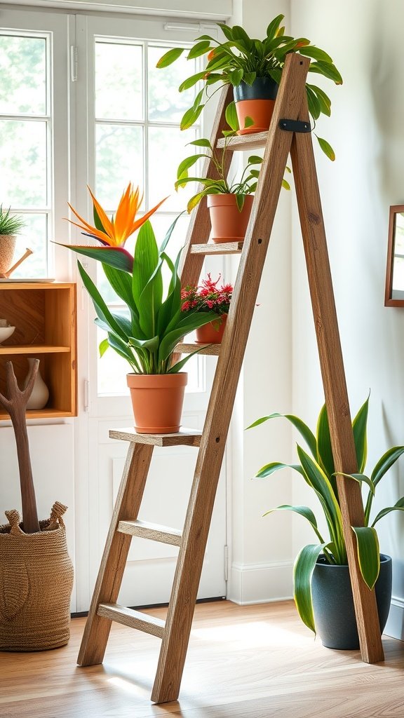 A rustic wooden ladder with various potted plants, including a Bird of Paradise, displayed in a bright room.