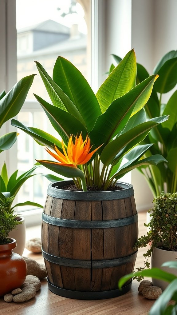 A rustic wooden barrel pot with a Bird of Paradise plant, featuring vibrant flowers and large green leaves, surrounded by other plants.