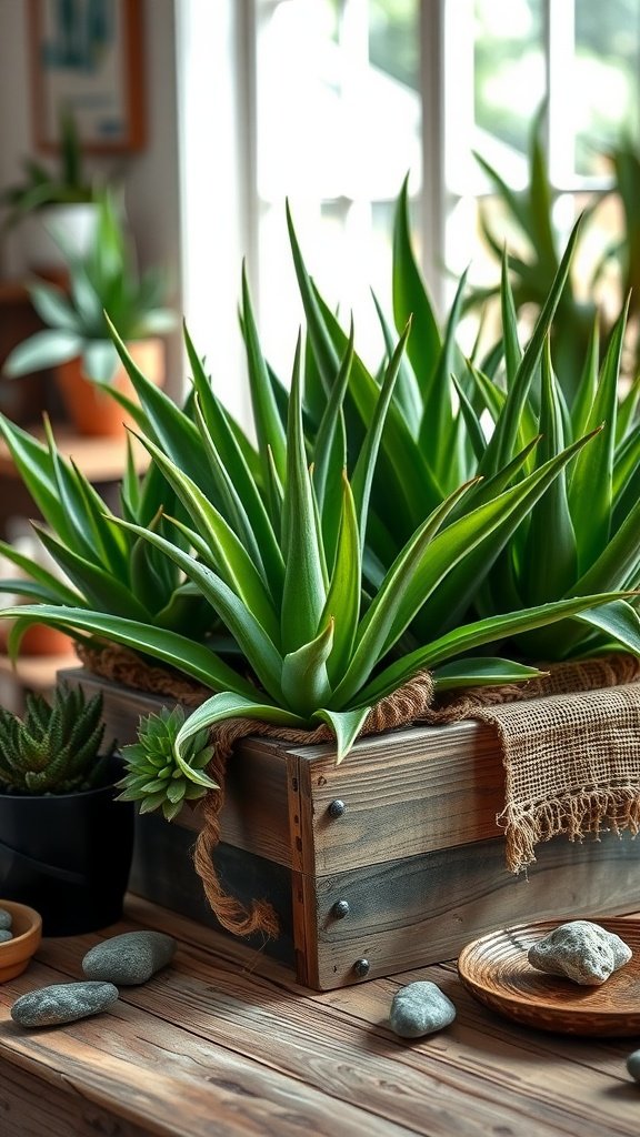 Rustic wooden box containing aloe vera plants with burlap accents, set on a wooden table with stones and a small pot of succulents.