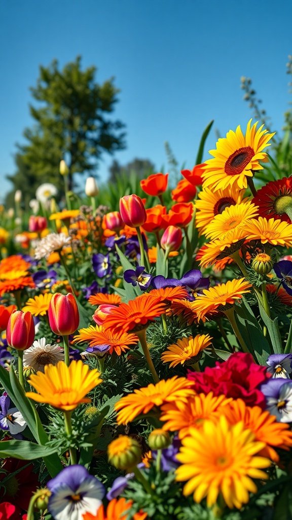 A colorful flower garden featuring sunflowers, tulips, and daisies under a blue sky.