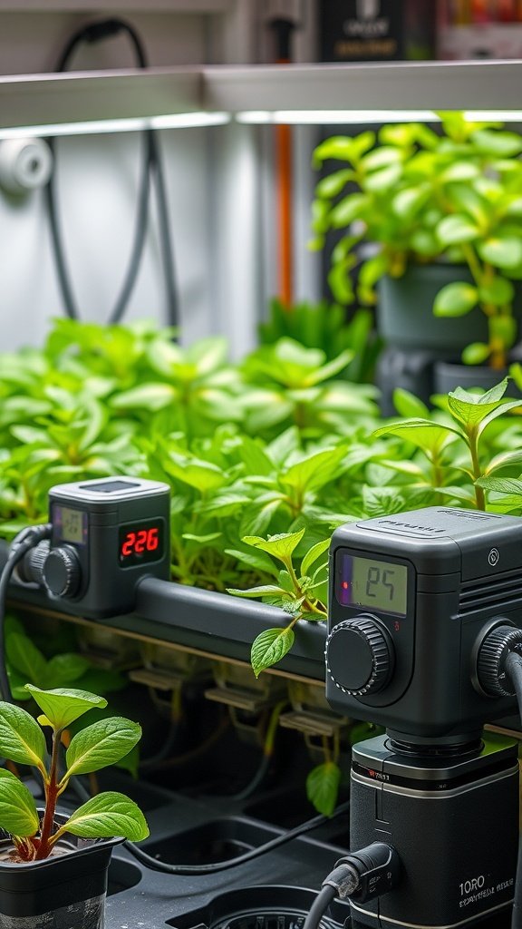 Two digital water pumps in a hydroponic setup, displaying settings for automated watering.