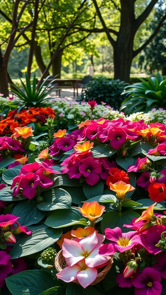 A vibrant flower garden featuring impatiens, hostas, and begonias in a shaded area.