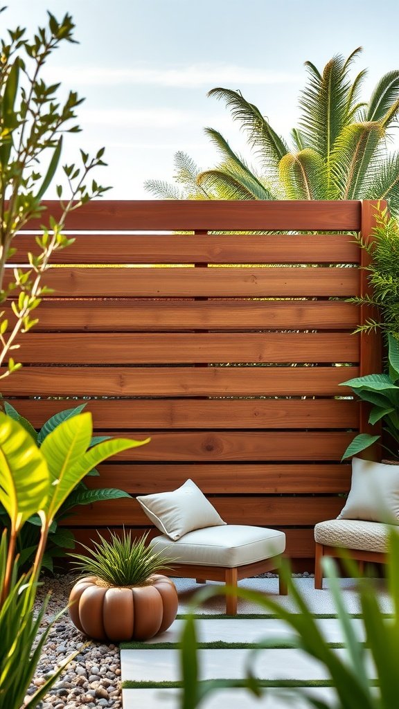 A contemporary slatted wood privacy fence with a cozy seating area and lush greenery.